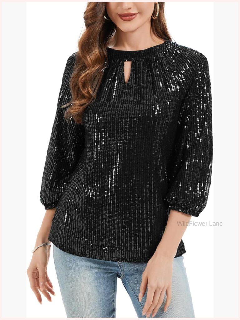 3/4 Sleeve Sparkly Sequin Keyhole Blouse Glitter Club Top
